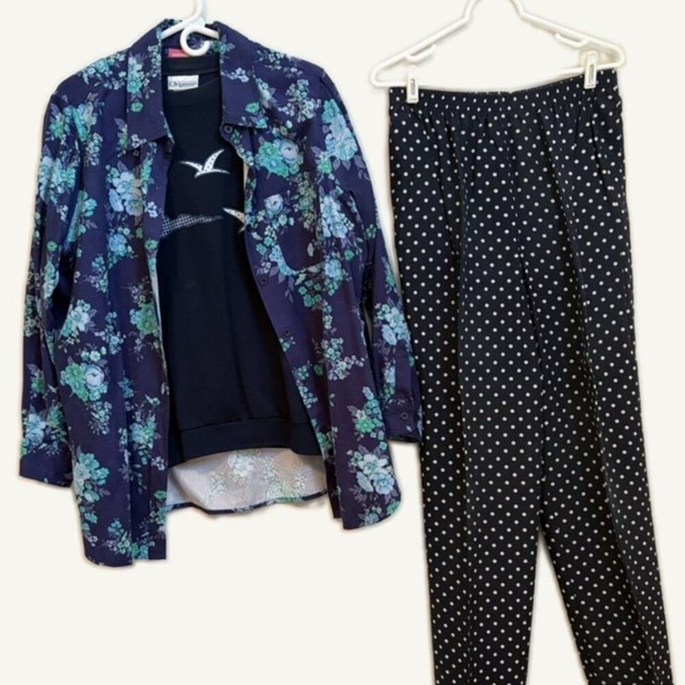 3PC Lighthouse & Floral Outfit Set - Blue/White Top L, Button-Up M, Pants 16